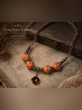“Venetian Ember”- Artisan Necklace with Wedding Cake Glass and Copper